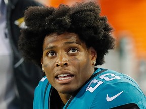 Jalen Ramsey of the Jacksonville Jaguars sits on the bench during the third quarter of a game against the Tennessee Titans at TIAA Bank Field on Sept. 19, 2019 in Jacksonville, Fla.