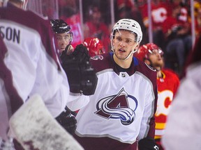 Mikko Rantanen of the Colorado Avalanche celebrates with the bench after scoring against the Calgary Flames at Scotiabank Saddledome on April 19, 2019 in Calgary. (Derek Leung/Getty Images)