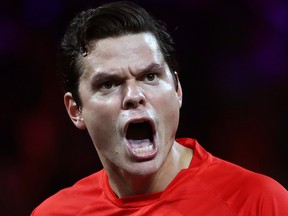 Milos Raonic of Team World celebrates in the final match of the tournament against Alexander Zverev of Team Europe during Day 3 of the Laver Cup 2019 at Palexpo on Sept. 22, 2019 in Geneva, Switzerland. The Laver Cup will see six players from the rest of the World competing against their counterparts from Europe.