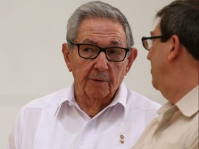 Cuba's First Secretary of the Communist Party and former President Raul Castro (left) talks with Cuba's Foreign Minister Bruno Rodriguez during an event with Russian Foreign Minister Sergei Lavrov (not pictured) at the Capitol, in Havana, Cuba, on July 24, 2019.