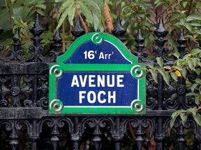 This file photograph taken on October 8, 2012, shows a street sign of Avenue Foch in the 16th Arrondissement or sub-district of Paris. (JACQUES DEMARTHON/AFP/Getty Images)