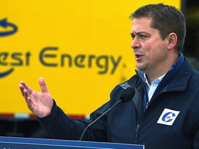Conservative Leader Andrew Scheer makes an announcement to create a national energy corridor at FourQuest Energy while campaigning in Edmonton, September 28, 2019. (Ed Kaiser/Postmedia)