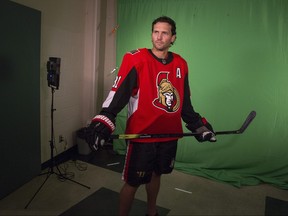 Ron Hainsey puts a scowl on for a video segment as the Ottawa Senators begin training camp with medicals and fitness testing. Wayne Cuddington/ Postmedia