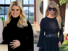 LEFT: A pregnant Jessica Simpson is seen in New York City on Sept. 19, 2018. RIGHT: Jessica Simpson poses in a photo posted to her Instagram account on Sept. 24, 2019.
