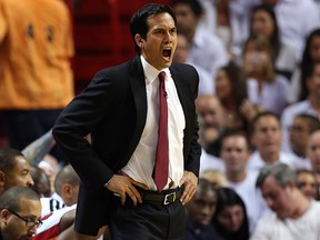Head coach Erik Spoelstra of the Miami Heat reacts as he coaches against the Indiana at AmericanAirlines Arena on June 3, 2013 in Miami. (Mike Ehrmann/Getty Images)