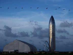 A prototype of SpaceX's Starship spacecraft is seen before SpaceX's Elon Musk gives an update on the company's Mars rocket Starship in Boca Chica, Texas, Sept. 28, 2019.