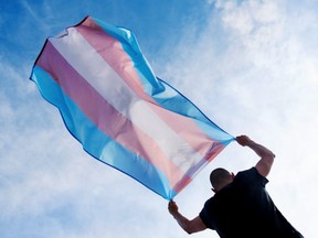 A young person holds a transgender pride flag.