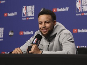 Golden State Warriors Steph Curry speaks to the media at availability before practice  in Toronto, Ont. on Saturday June 1, 2019.