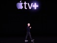 Apple CEO Tim Cook speaks on-stage during a product launch event at Apple's headquarters in Cupertino, Calif., on Sept. 10, 2019.