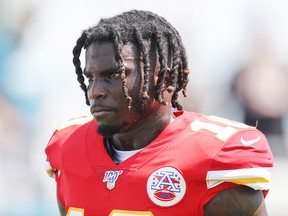 Tyreek Hill of the Kansas City Chiefs looks on during warmups before a game against the Jacksonville Jaguars at TIAA Bank Field on September 8, 2019 in Jacksonville. (James Gilbert/Getty Images)