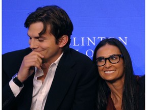Actors Ashton Kutcher and Demi Moore, co-founders of the DNA Foundation, launch the "Real Men Don't Buy Girls" campaign during the annual Clinton Global Initiative (CGI) Sept. 23, 2010 in New York.