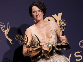 Phoebe Waller-Bridge is seen with her awards in the press room at the 71st Emmy Awards at the Microsoft Theatre in Los Angeles on Sept. 22, 2019.