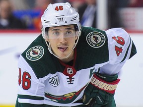 Jared Spurgeon of the Minnesota Wild in action against the Calgary Flames during an NHL game at Scotiabank Saddledome on March 2, 2019 in Calgary.