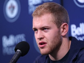 Andrew Copp addresses media as the Winnipeg Jets cleaned out their lockers at Bell MTS Place in Winnipeg on Mon., April 22, 2019. Kevin King/Winnipeg Sun/Postmedia Network