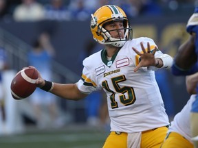 Edmonton Eskimos quarterback Logan Kilgore (15) throws the ball during CFL action in Winnipeg, against the Winnipeg Blue Bombers. Friday, May 31, 2019.