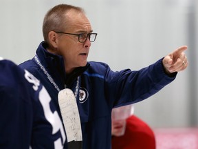 Head coach Paul Maurice gives instructions during Winnipeg Jets training camp at Bell MTS Iceplex on Sunday.