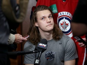 Sami Niku speaks to reporters about a recent motor vehicle accident during Winnipeg Jets training camp at Bell MTS Iceplex on Tues., Sept. 17, 2019. Kevin King/Winnipeg Sun/Postmedia Network