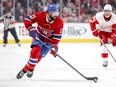 Montreal Canadiens forward Nate Thompson handles the puck during third period against the Detroit Red Wings in Montreal on March 12, 2019.