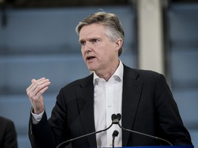 Ontario Conservative MPP Rod Phillips gives remarks at a car dealership in Toronto April 1, 2019. THE CANADIAN PRESS/Christopher Katsarov