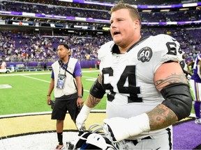Richie Incognito of the Oakland Raiders leves the field after a game against the Minnesota Vikings at U.S. Bank Stadium on September 22, 2019 in Minneapolis, Minnesota. The Vikings defeated the Raiders 34-14.