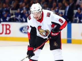 Bobby Ryan #9 of the Ottawa Senators prepares for a face off during an NHL game against the Toronto Maple Leafs.