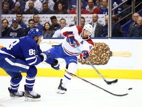 Canadiens' Paul Byron shoots during game against the Maple Leafs at Scotiabank Arena in Toronto on Oct. 5.
