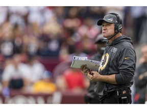 Head coach Jay Gruden of the Washington Redskins reacts during the second half against the New England Patriots at FedExField on October 6, 2019 in Landover, Maryland.