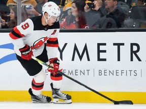 Taylor Hall of the New Jersey Devils controls the puck in the third period against the Boston Bruins at TD Garden on October 12, 2019 in Boston, Massachusetts.