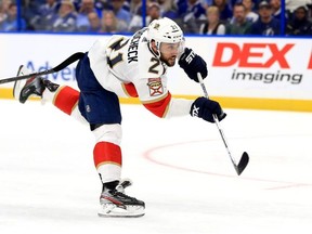Vincent Trocheck of the Florida Panthers scores a goal during the home opener against the Tampa Bay Lightning at Amalie Arena on October 3, 2019 in Tampa, Florida.
