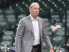 Owner Jim Crane of the Houston Astros looks on prior to game one of the American League Division Series between the Houston Astros and the Tampa Bay Rays at Minute Maid Park on October 4, 2019 in Houston, Texas.