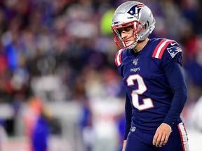 Mike Nugent of the New England Patriots reacts after missing a 40 yard field goal against the New York Giants during the third quarter in the game at Gillette Stadium on October 10, 2019 in Foxborough, Massachusetts.