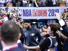 Anthony Davis of the Los Angeles Lakers in action before the match against the Brooklyn Nets during a preseason game as part of 2019 NBA Global Games China at Shenzhen Universiade Center on Oct. 12, 2019 in Shenzhen, China. (Zhong Zhi/Getty Images)