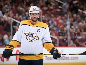 Roman Josi of the Nashville Predators awaits a face-off during the second period of the NHL game against the Arizona Coyotes at Gila River Arena on October 17, 2019 in Glendale, Arizona.