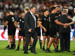 Steve Hansen, Head Coach of New Zealand, reacts during the Rugby World Cup 2019 Semi-Final match between England and New Zealand at International Stadium Yokohama on October 26, 2019 in Yokohama, Kanagawa, Japan. (Photo by Hannah Peters/Getty Images)