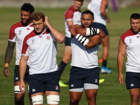 England players from left to right, Courtney Lawes, Joe Launchbury, Billy Vunipola and Ellis Genge pictured during England training at Fuchu Asahi Football Park on October 30, 2019 in Fuchu, Japan. (Photo by Stu Forster/Getty Images)