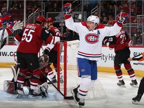 Brendan Gallagher scored his sixth goal of the season in his 500th career NHL game as the Canadiens beat the Coyotes 4-1 Wednesday night at Gila River Arena in Glendale, Ariz.