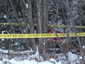 The Hydro One helicopter crash near Tweed, Ont., can be seen on Dec. 14, 2017. THE CANADIAN PRESS/Lars Hagberg