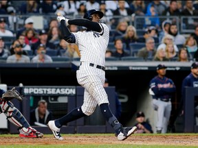 New York Yankees shortstop Didi Gregorius hits a grand slam against the Minnesota Twins in the third inning in Game 2 of the 2019 ALDS playoff baseball series at Yankee Stadium. (Andy Marlin-USA TODAY Sports)
