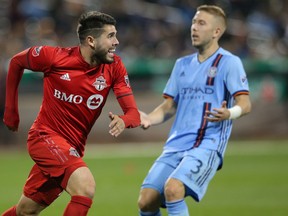 Toronto FC's Alejandro Pozuelo celebrates his first goal of Wednesday's win over New York City FC. (USA TODAY SPORTS)