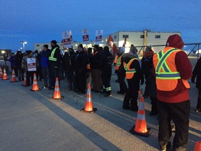 Unifor picketers in front of a SaskEnergy service centre by White City on Oct. 10, 2019.