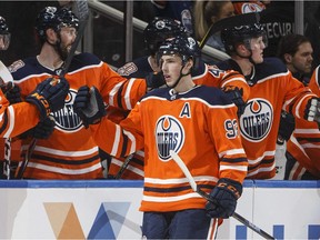 Edmonton Oilers' Ryan Nugent-Hopkins celebrates his hat trick against the Los Angeles Kings during first period NHL action in Edmonton on Tuesday March 26, 2019.