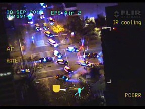Aerial footage from the Edmonton police helicopter taken after police disabled a speeding U-Haul truck that struck four pedestrians. A police truck knocked the vehicle on its side using a PIT manoeuvre, a jury heard in court this week. SUPPLIED PHOTO