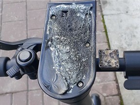 Bird Canada says roughly 50 of their e-scooters in Edmonton have been burned by arsonists. The damage is primarily contained to the centre console. (Supplied photo/Bird Canada)