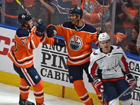 Edmonton Oilers Darnell Nurse celebrates his goal with Connor McDavid playing against the Washington Capitals during NHL action at Rogers Place in Edmonton on Thursday, Oct. 24, 2019.