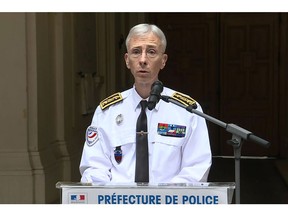 This image grab taken from an AFP video shows Paris Police Prefect Didier Lallement giving a press conference at the Police headquarters (Prefecture de Police) in Paris on October 4, 2019. - French investigators were on October 4, 2019 seeking to understand why an IT staffer stabbed to death four colleagues at police headquarters in Paris, and said no theory was ruled out.