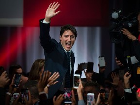 Prime minister Justin Trudeau celebrates his victory with his supporters at the Palais des Congres in Montreal during Team Justin Trudeau 2019 election night event in Montreal, Canada on October 21, 2019.