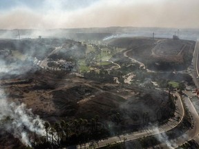 Aerial view of palms and brush burning at Real Del Mar residential outskirts Tijuana, Baja California state, Mexico, on October 25, 2019.