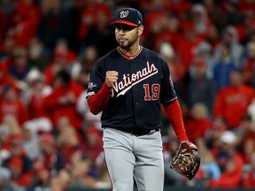 Nationals pitcher Anibal Sanchez walks off the field after retiring the side in the seventh inning against the Cardinals in Game 1 of the National League Championship Series at Busch Stadium in St Louis on Friday, Oct. 11, 2019.