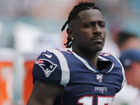 Antonio Brown of the New England Patriots looks on against the Miami Dolphins during the fourth quarter at Hard Rock Stadium on Sept. 15, 2019 in Miami. (Michael Reaves/Getty Images)