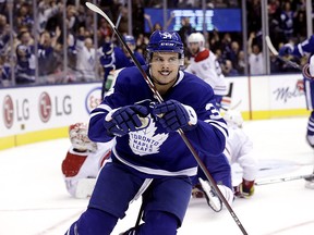 Toronto Maple Leafs centre Auston Matthews celebrates after scoring against the Montreal Canadiens at the Scotiabank Arena in Toronto on Saturday, October 5, 2019. (Stan Behal/Toronto Sun)